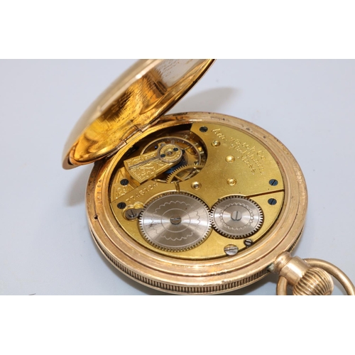 847A - Waltham rolled gold keyless wound and set Hunter pocket watch, signed white enamel Roman dial with s... 