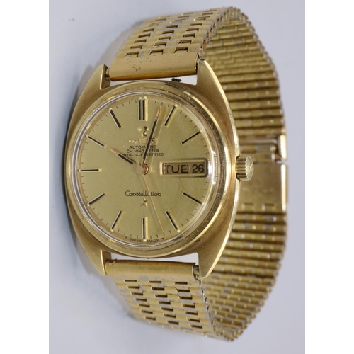 844A - 1969 Omega Constellation gold plated automatic wristwatch with day date, signed gold coloured textur... 