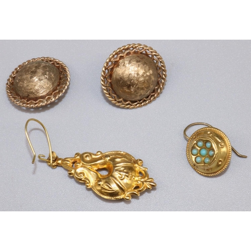 213 - 9ct yellow gold drop earring set with turquoise, a pair of circular gold earrings (A/F), and an orna... 