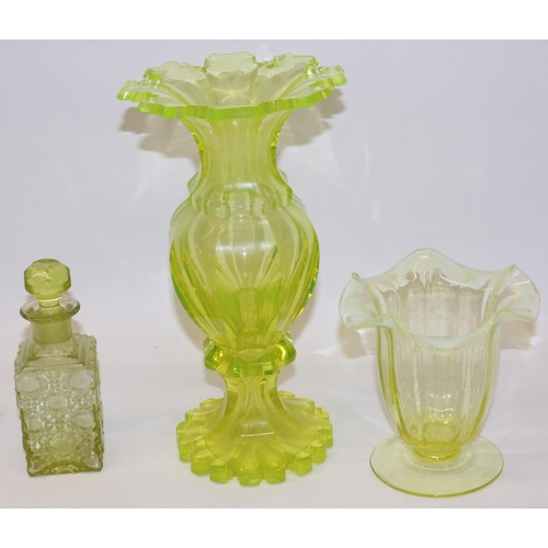 1380 - Three pieces of C19th uranium glass, comprising two vases and a hobnail scent bottle, max. H25cm, A/... 