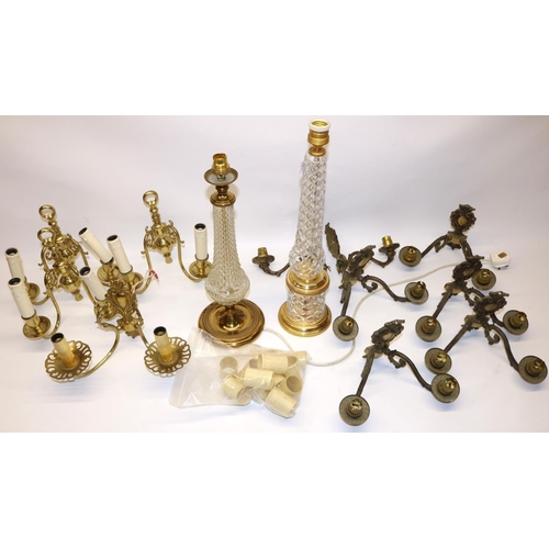 553 - Quantity of vintage brass wall light fittings, and two large Bohemian glass and brass-effect table l... 