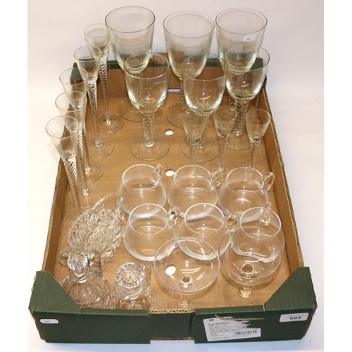 695 - C20th part suite of wine glasses with spiral twist stems, six custard glasses, two lead crystal oil ... 