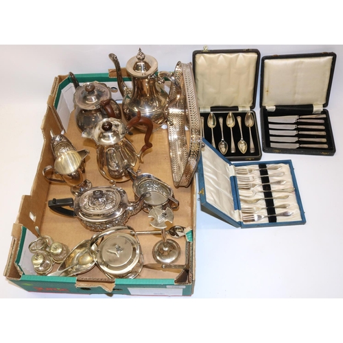 702 - C20th G.B.T. & Co. three piece EPNS bachelors tea set with matched tray, other silver plated tea war... 