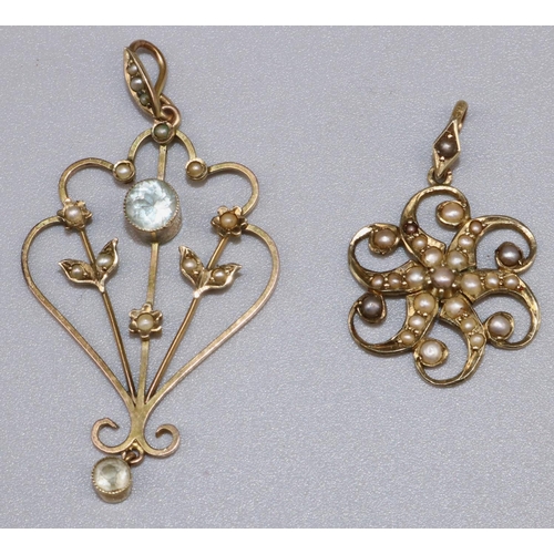 859 - 9ct yellow gold Edwardian drop pendant in the form of a flower, set with seed pearls, and another dr... 