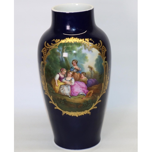 726 - Sevres style porcelain vase, tapering body painted with oval reserve panels of female figures and a ... 