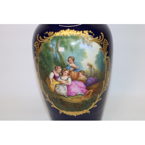 726 - Sevres style porcelain vase, tapering body painted with oval reserve panels of female figures and a ... 