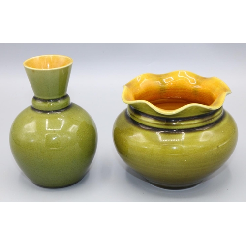 727 - Linthorpe pottery green glazed vase, globular body with angular tapering neck, 2204, another similar... 