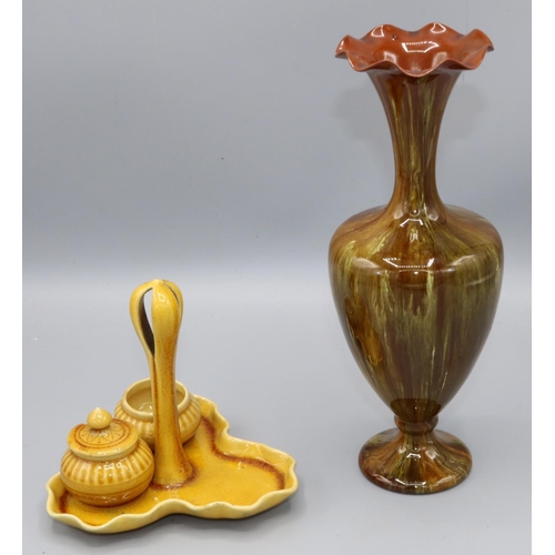 728 - Linthorpe pottery mustard yellow glazed three piece cruet, trefoil base with pierced handle, 1202 & ... 