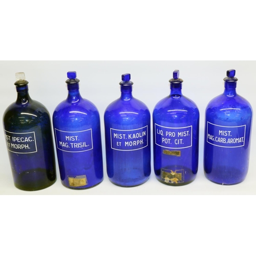 730 - Five Apothecary or Chemists blue glass bottles, titled in white Mist.Mag.Trisil, Liq.Pro.Mist.Pot.Ci... 