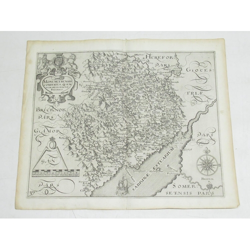 733 - C17th map of Saxton-Monmouth Monumethenis by Kip & Hole circa 1637, uncoloured and unframed, 39cm x ... 