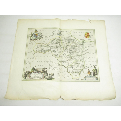 734 - C17th map of Radnor-shire circa 1645 by Bleau, later coloured, unframed, 66.5cm x 56.5cm