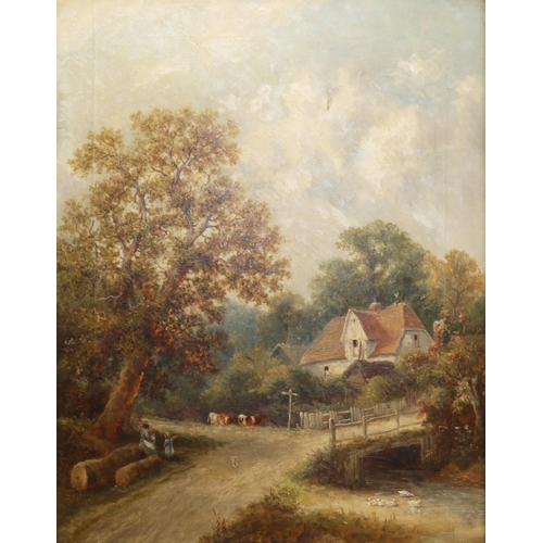 745 - English School (Late C19th); Figures and cattle on a wooded village road with cottage by a stream, o... 