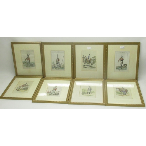 117 - A series of eight coloured Engravings of military uniforms, uniformly framed, 20cm x 13cm