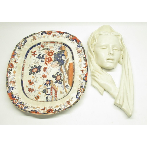 682 - C19th Minton Amherst Japan meat dish W54cm and a Art Deco painted plaster wall mask in the manner of... 