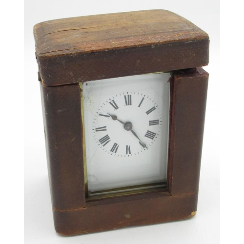 514 - Early C20th brass cased carriage clock timepiece, white enamel Roman dial, visible platform lever es... 