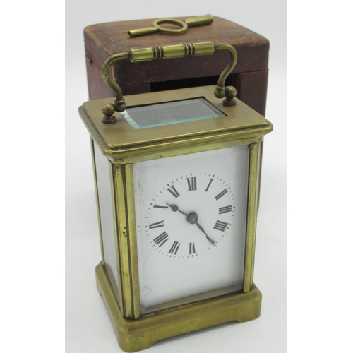 514 - Early C20th brass cased carriage clock timepiece, white enamel Roman dial, visible platform lever es... 