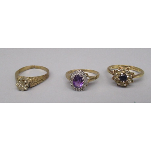 1315 - 9ct yellow gold ring set with purple stone surrounded by diamonds, size L1/2, and two other 9ct gold... 