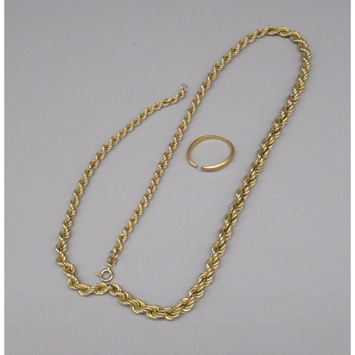 1317 - 9ct yellow gold rope twist necklace, stamped 375, L48cm, 6.0g, and a 22ct wedding band (A/F), stampe... 