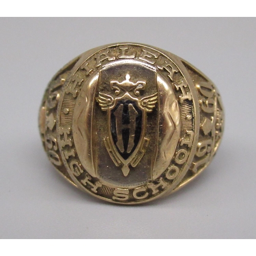 844 - 10ct yellow gold Hialeath High School 1960 class ring, stamped 10k, size R1/2, 10.63g