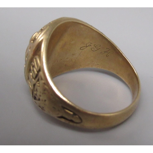 844 - 10ct yellow gold Hialeath High School 1960 class ring, stamped 10k, size R1/2, 10.63g