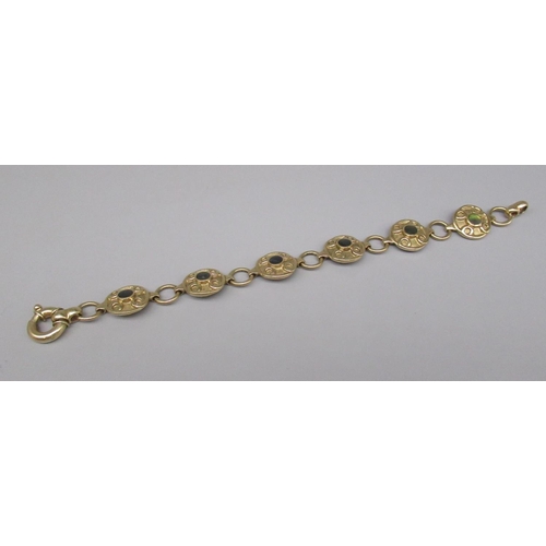 845 - 9ct yellow fancy link chain bracelet set with labradorite, stamped 375, 22.18g, L19.5cm