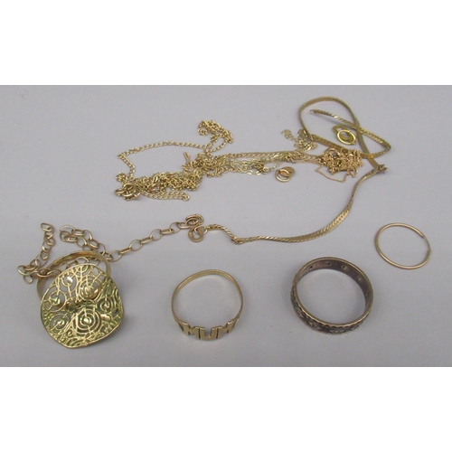 851 - 9ct yellow gold items including chain link necklaces and rings, mostly A/F, 8.4g, and a silver and g... 