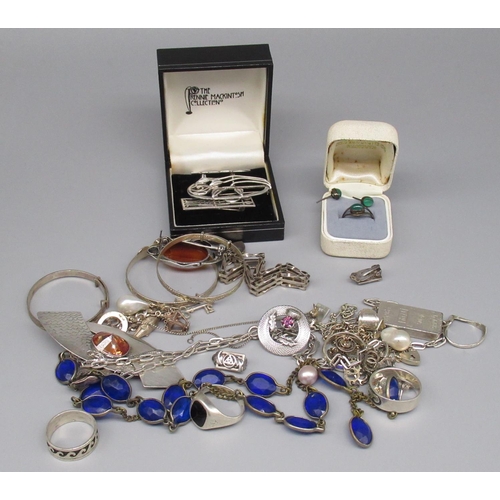 855 - Collection of silver jewellery, including Charles Rennie Mackintosh brooches, silver christening ban... 