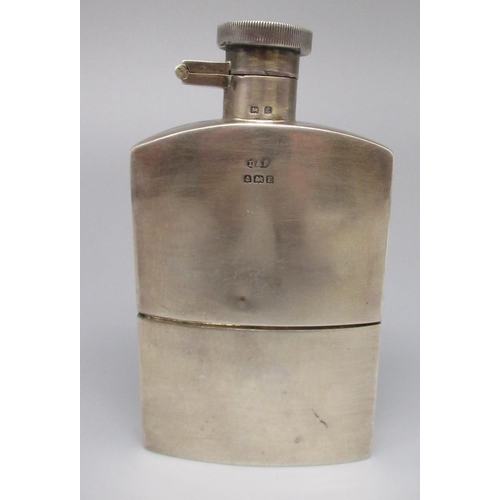 863 - Geo.V hallmarked Sterling silver hip flask with fitted cup, with later personal engraving, by Deakin... 