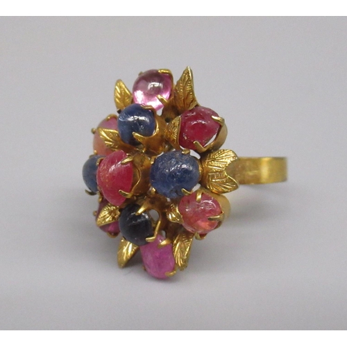 865 - 14ct yellow gold cocktail ring in the form of a flower, set with coloured cabochon stones, stamped 1... 