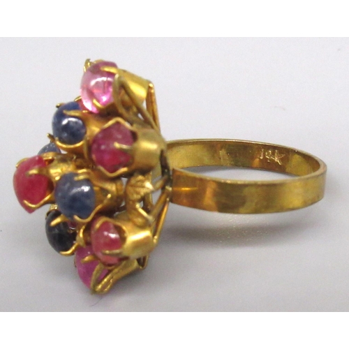 865 - 14ct yellow gold cocktail ring in the form of a flower, set with coloured cabochon stones, stamped 1... 