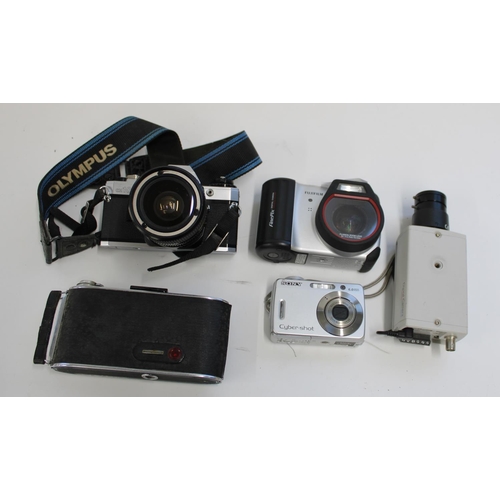 162 - Olympus OM 10 camera with 28-70mm lens, Phillips VMC 7650 CCTV camera, Agfa Billy record folding cam... 