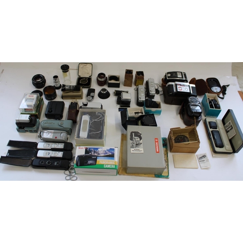 172 - Selection of miniature cameras and selection of camera lenses, accessories, filters, light meters, r... 