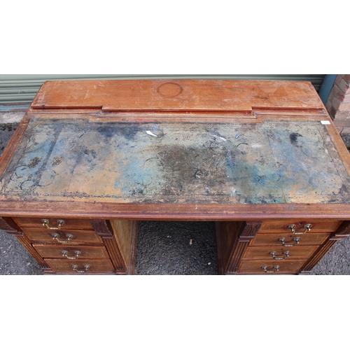 625 - C19th mahogany pedestal desk, the inset tooled leather skiver over two sets of four short drawers on... 