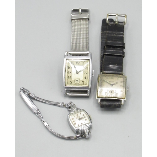 502 - Belvil - 1940's plated hand wound wristwatch, signed silvered Arabic dial with subsidiary seconds, t... 