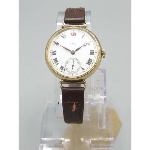 845A - Longines for Sorley Glasgow 9ct gold hand wound trench wristwatch, signed white Roman dial with red ... 