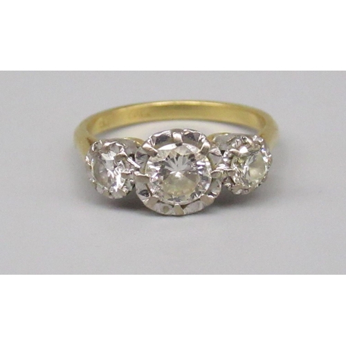 846 - Diamond  illusion set 3 stone trilogy ring on platinum mount with 18ct. gold band, ring size M