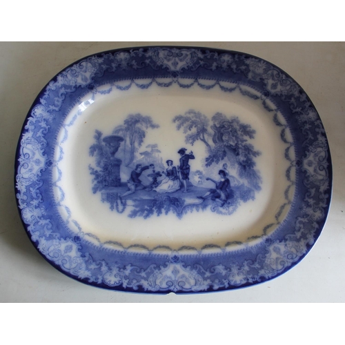 216 - Victorian oval meat dish blue and white transfer printed with figures and a donkey in a river landsc... 