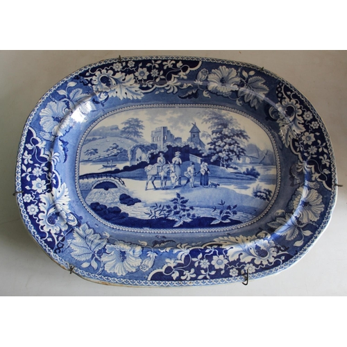 216 - Victorian oval meat dish blue and white transfer printed with figures and a donkey in a river landsc... 