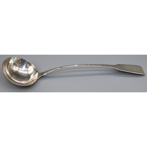 1208 - George 111 hallmarked silver Fiddle pattern soup ladle, engraved with crest, London probably 1768, L... 