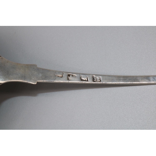 1208 - George 111 hallmarked silver Fiddle pattern soup ladle, engraved with crest, London probably 1768, L... 