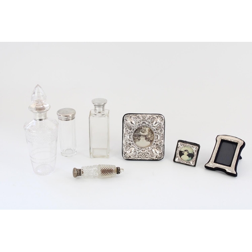 1211 - Hallmarked silver and glass table bottles incl. small c1920s etched glass small decanter with silver... 