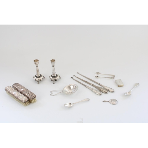 1212 - Selection of small silver items incl. continental 925 stamped candlesticks, silver tea strainer, min... 