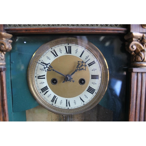 239 - C19th mantel clock twin train keywind movement striking on s gong, stained pine case with applied pa... 