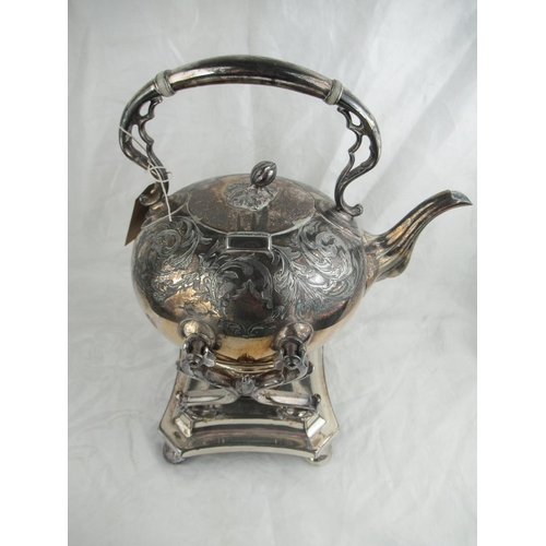 206 - Victorian EPNS spirit kettle on stand,  a,and an EPNS and leather hip flask, H35cm max (2)