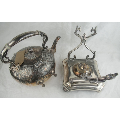 206 - Victorian EPNS spirit kettle on stand,  a,and an EPNS and leather hip flask, H35cm max (2)