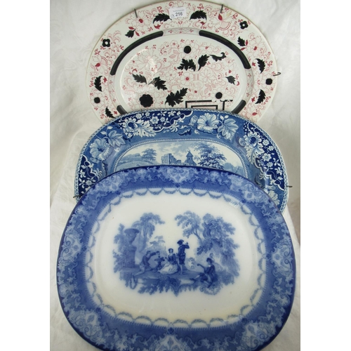 216 - Victorian oval meat dish blue and white transfer printed with figures and a donkey in a river landsc... 