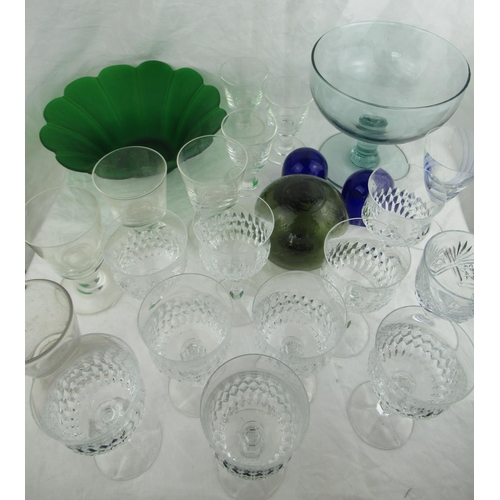 220 - Set of nine wine glasses, Caithness wine glass, green glass fishing float, green glass bowl, fruit b... 