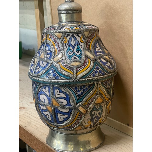 792 - Large two piece Moroccan urn, with painted pottery panels with metal inlay. H42cm