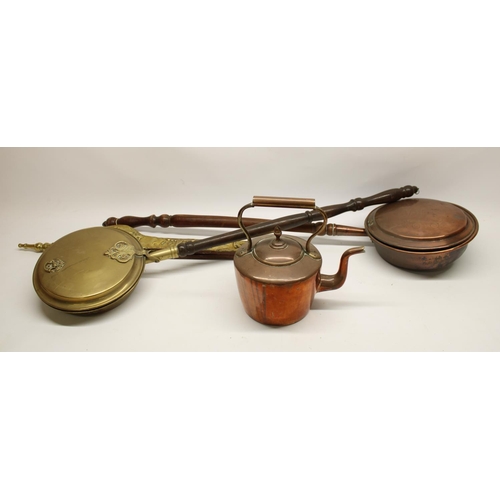 127 - Copper kettle, two warming pans and brass bellows