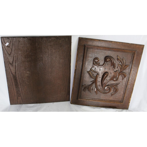 1339 - Pair of carved oak panels 48cm x56cm. Joiners travelling tool box